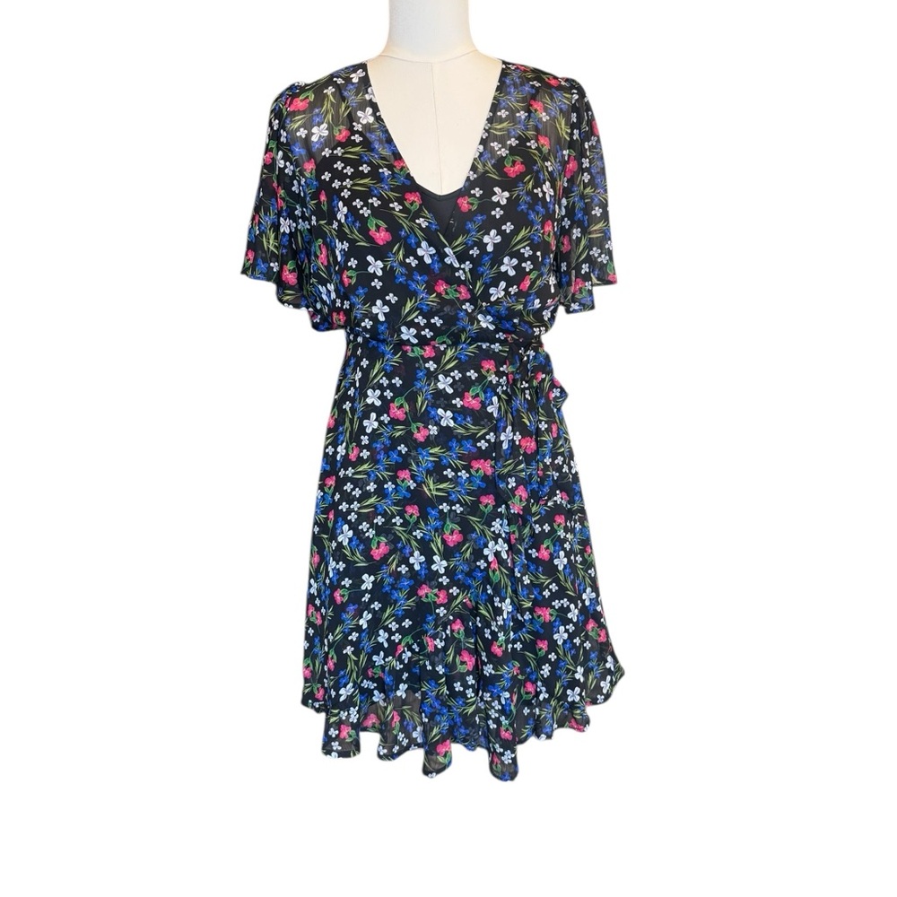 Calvin Klein Black Floral faux Wrap Dress Size 2 Chiffon V Neck